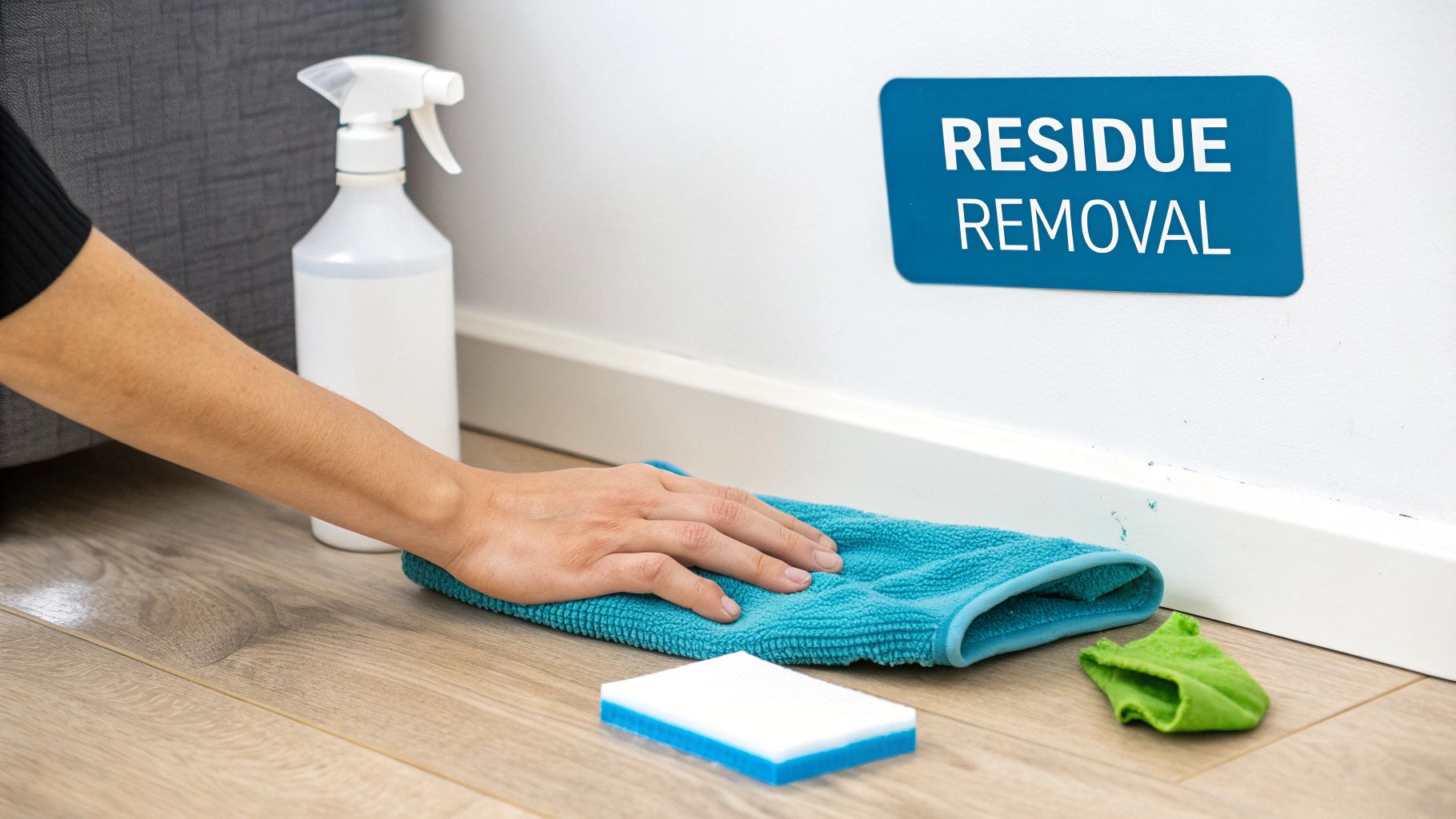 A person cleans a wooden floor next to a white wall using a blue cloth and spray bottle for residue removal.