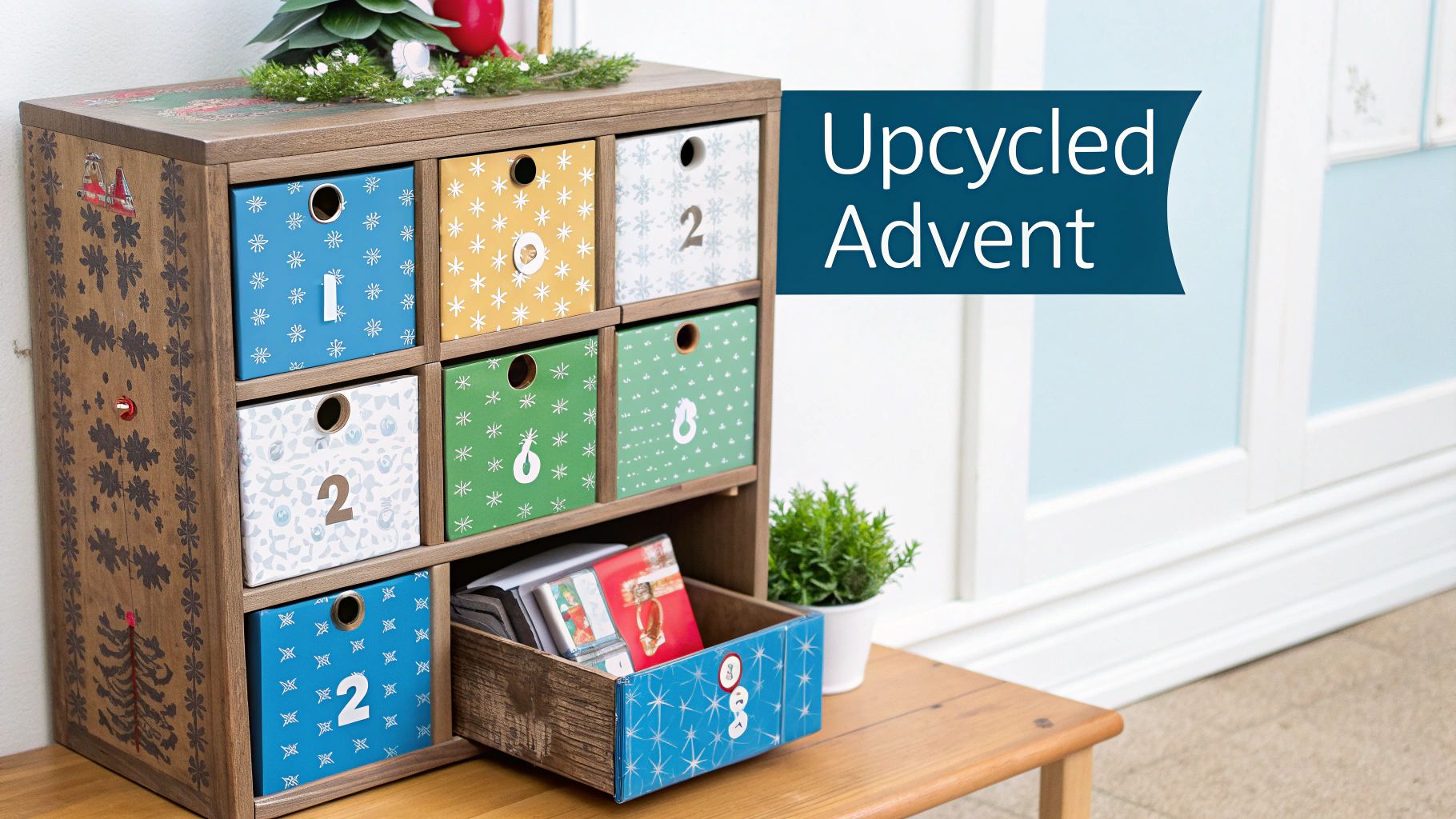 An upcycled wooden Advent calendar with colorful, numbered drawers and festive decorations.