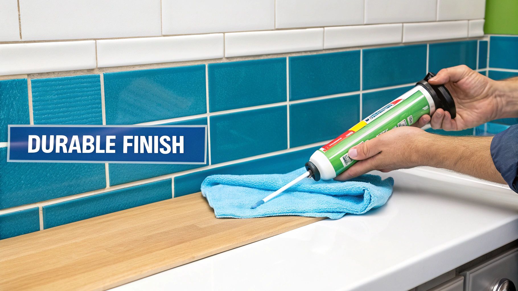 Person applying caulk sealant to create durable finish on teal tile backsplash in kitchen