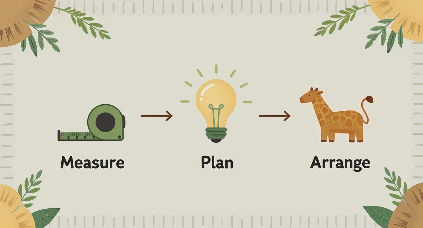 A visual process diagram with a tape measure, lightbulb, and giraffe for measure, plan, and arrange.