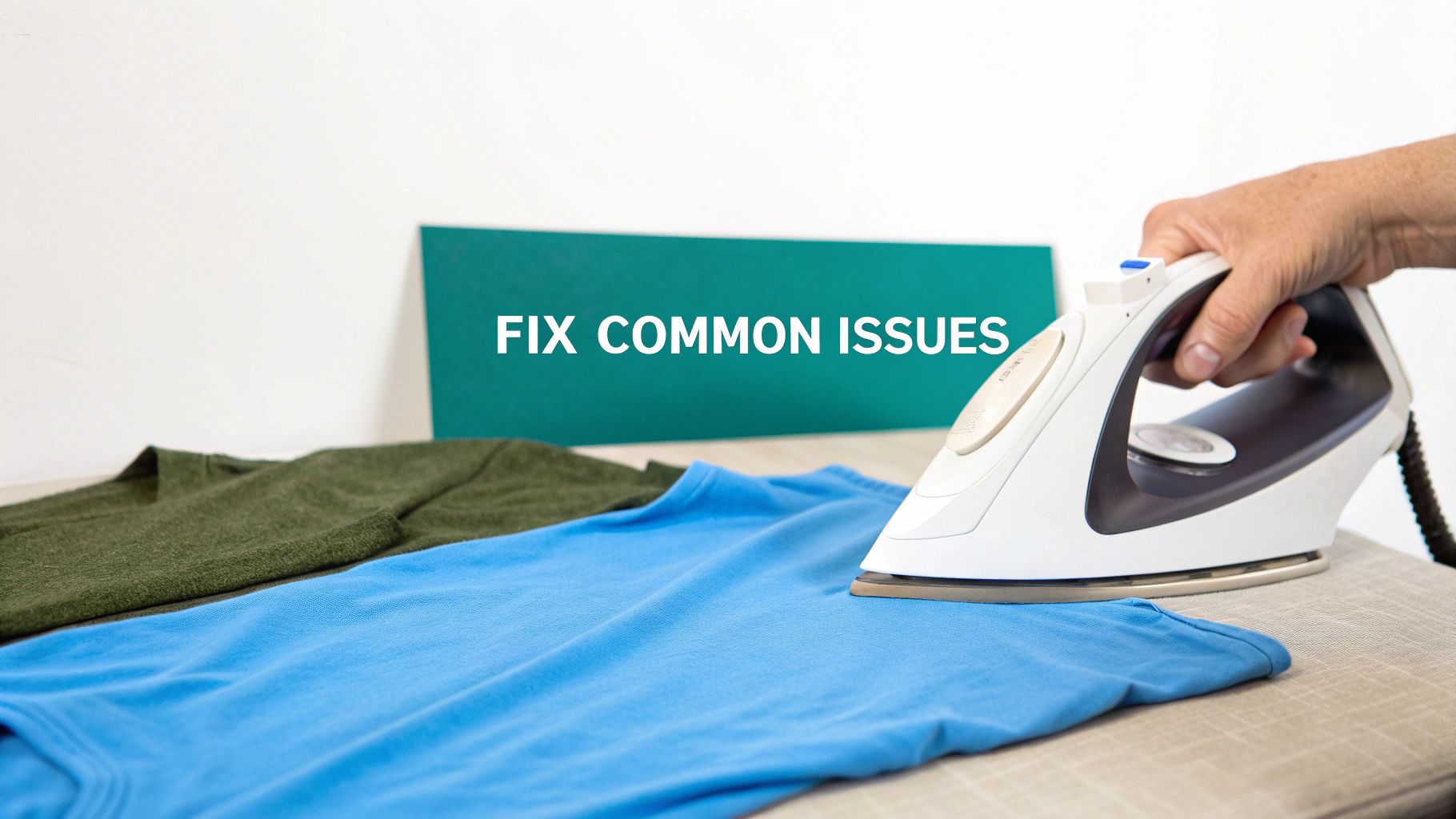 A close-up shot of a person using tweezers to fix a minor issue with an iron-on name label on a garment.