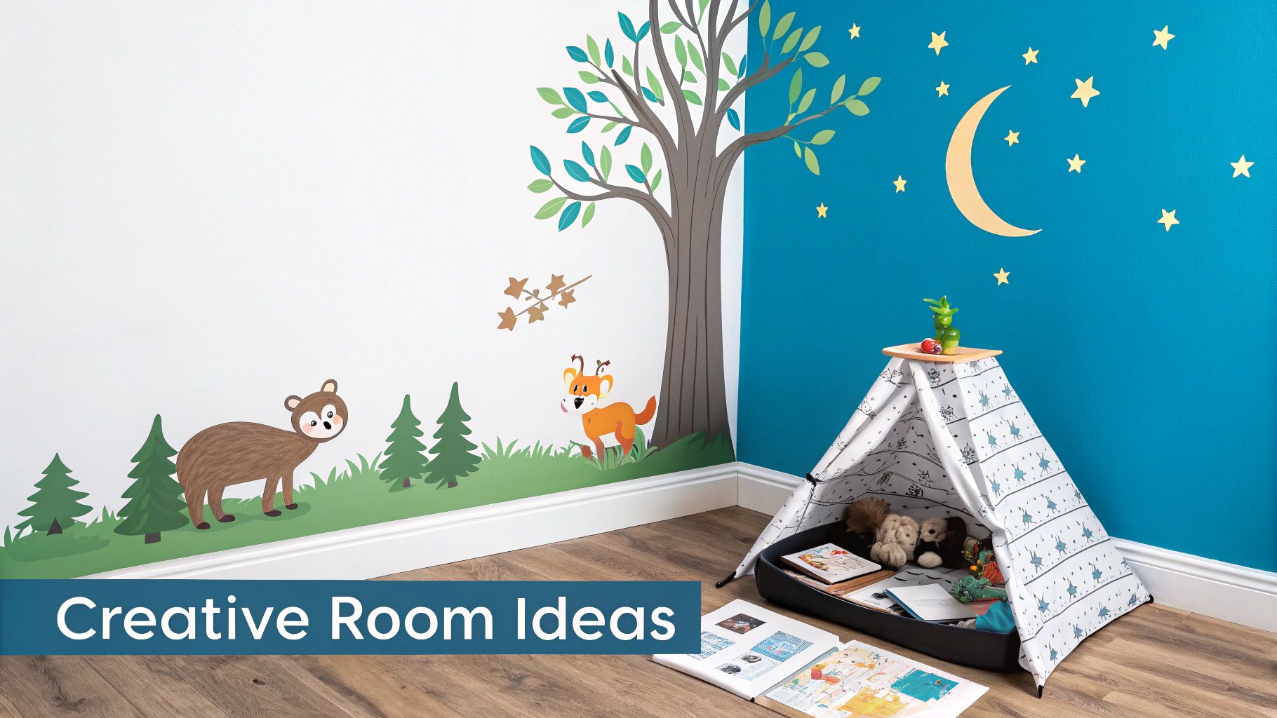 A vibrant children's room with forest animal and moon-star wall decals, featuring a cozy white play teepee.