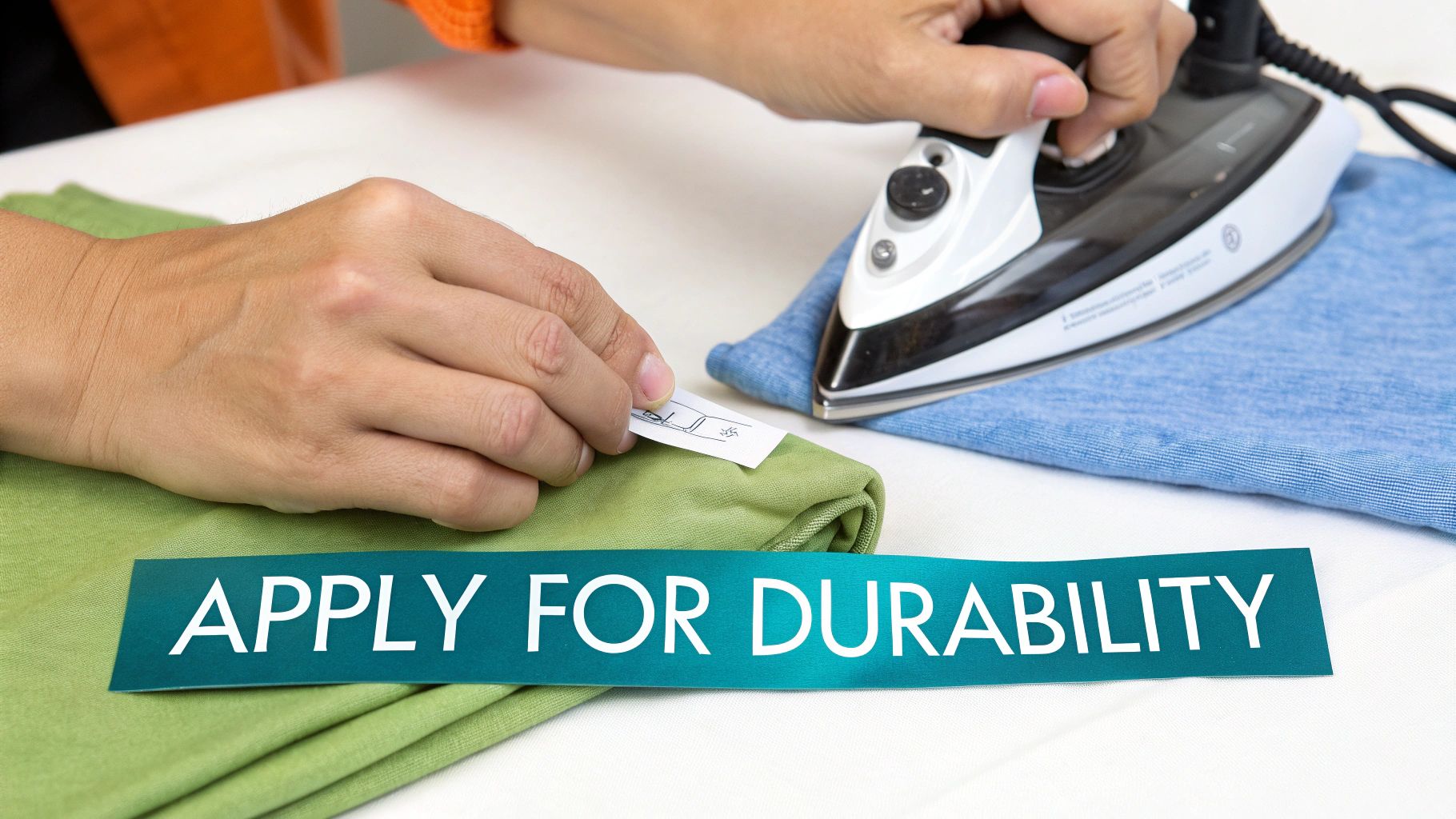 Hands ironing green and blue clothes, with a tag showing iron instructions and a 'APPLY FOR DURABILITY' banner.