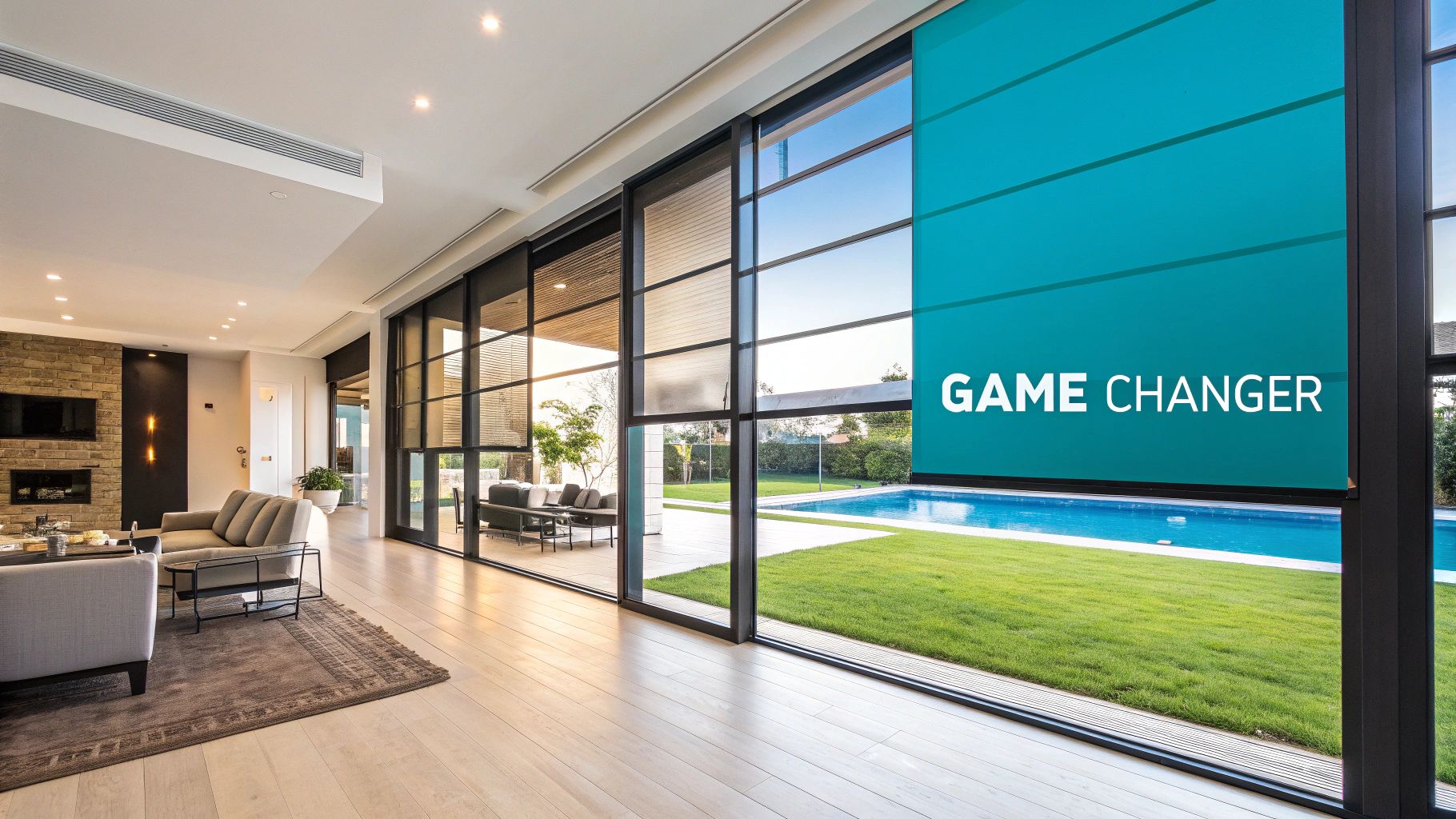 A modern living room with large windows covered in decorative privacy film, allowing soft light to filter through.