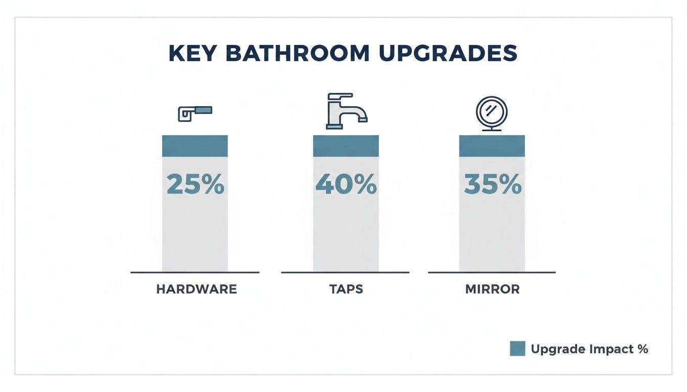 Bar chart displaying upgrade impact percentages for key bathroom elements: Taps, Mirror, and Hardware.