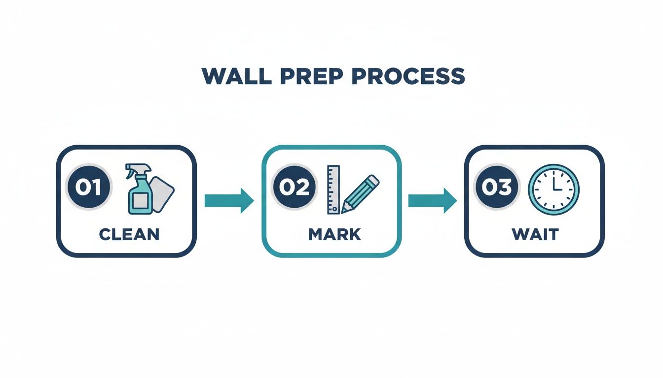 A three-step wall prep process illustration showing cleaning, marking with tools, and waiting.