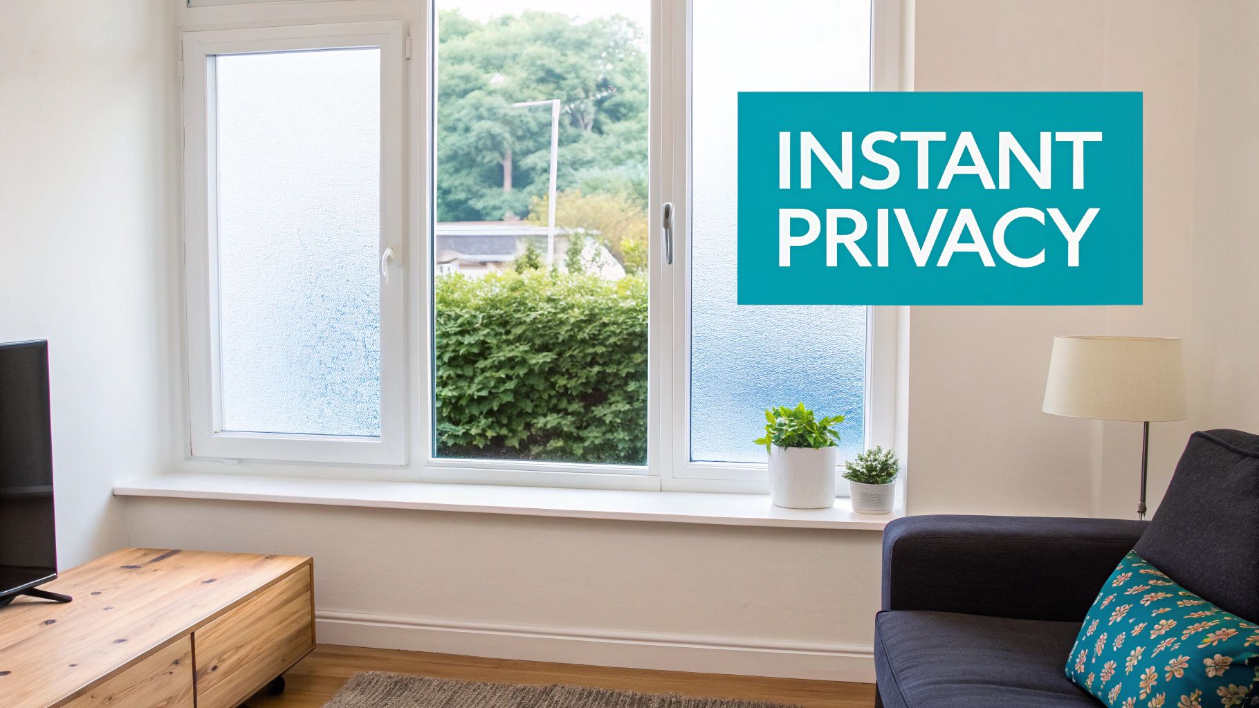 Frosted privacy film on windows in a bright living room, with a clear view of outdoor greenery.