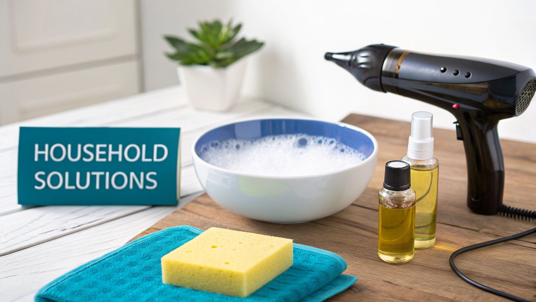Household solutions for cleaning, featuring soapy water, hairdryer, cleaning liquids, sponge, and towel.