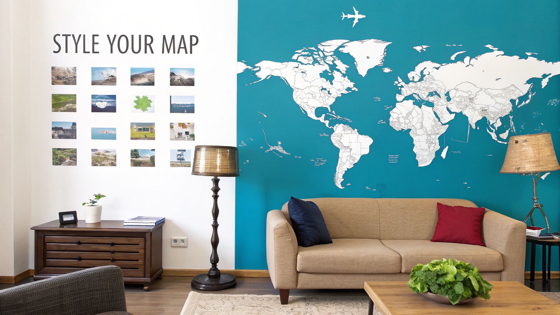 A cozy living room featuring a large white world map decal on a teal wall, decorated with photos and furniture.