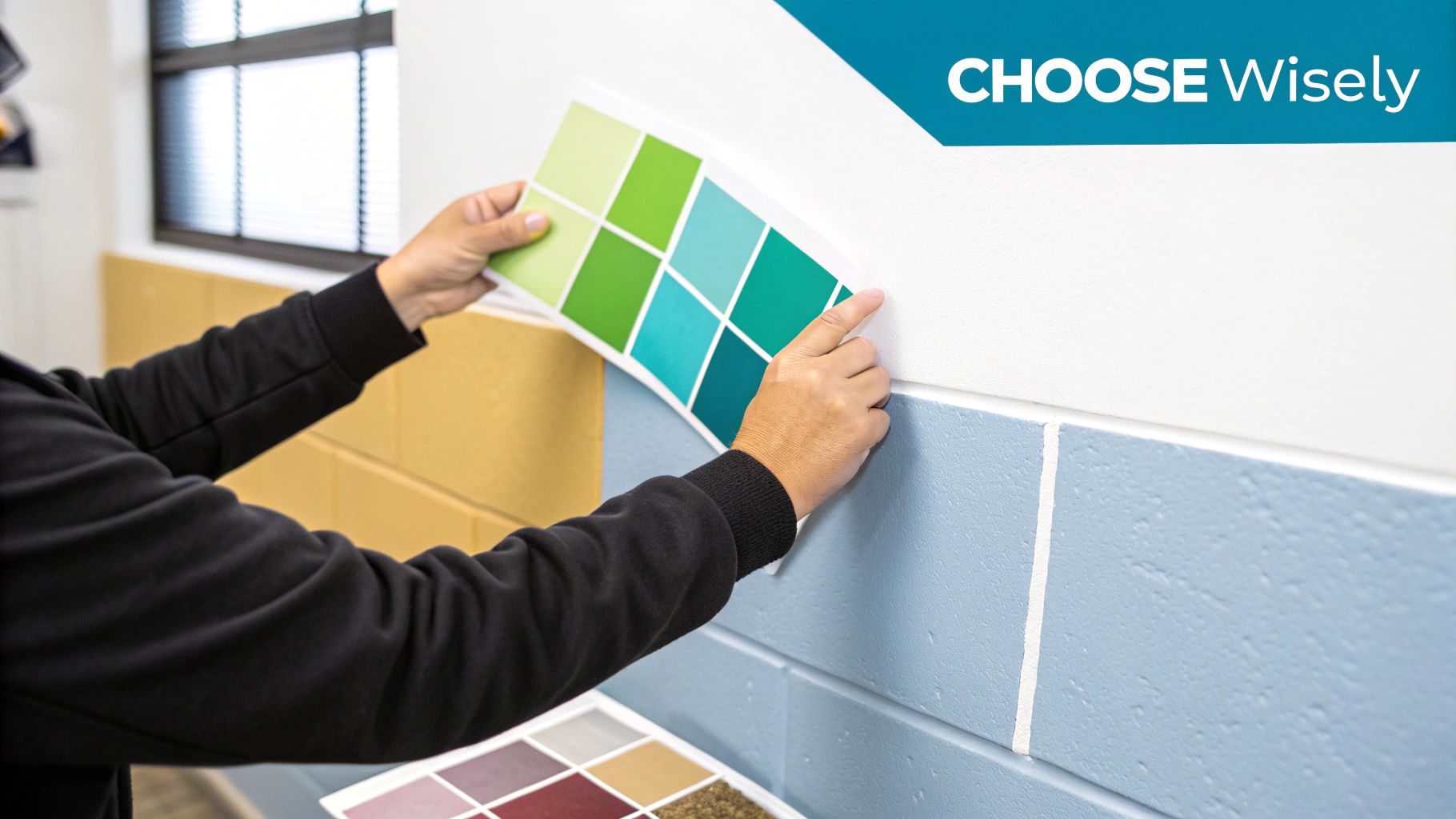 A person holds a green and blue paint swatch against a white and light blue wall.