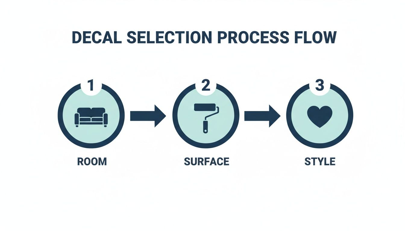 A three-step process flow diagram illustrating decal selection by Room, Surface, and Style.