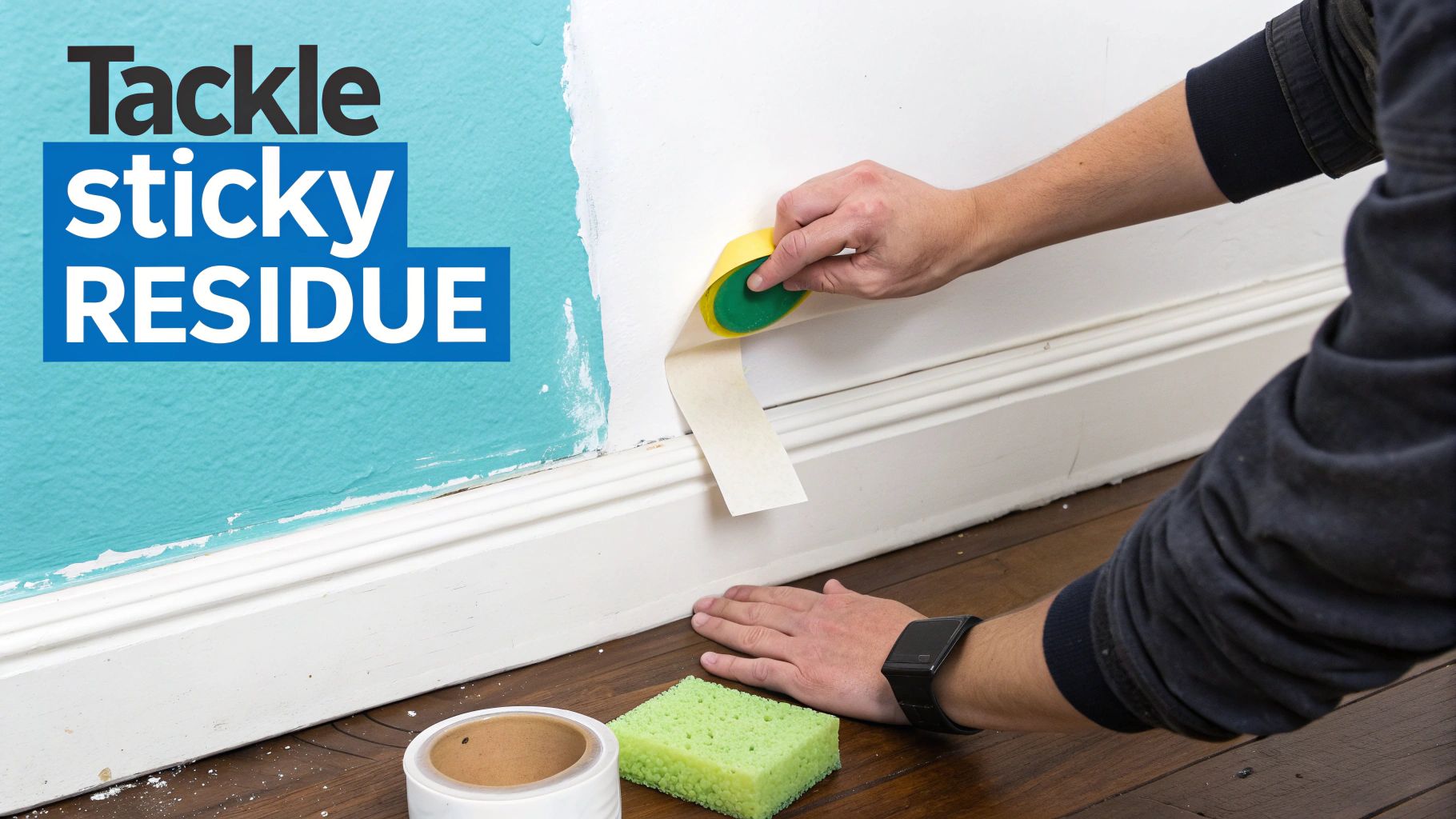A person carefully removes painter's tape from a white wall next to a teal section, revealing a clean line.