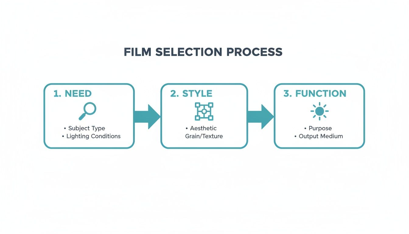 Film selection process infographic detailing three steps: Need, Style, and Function, with related factors.