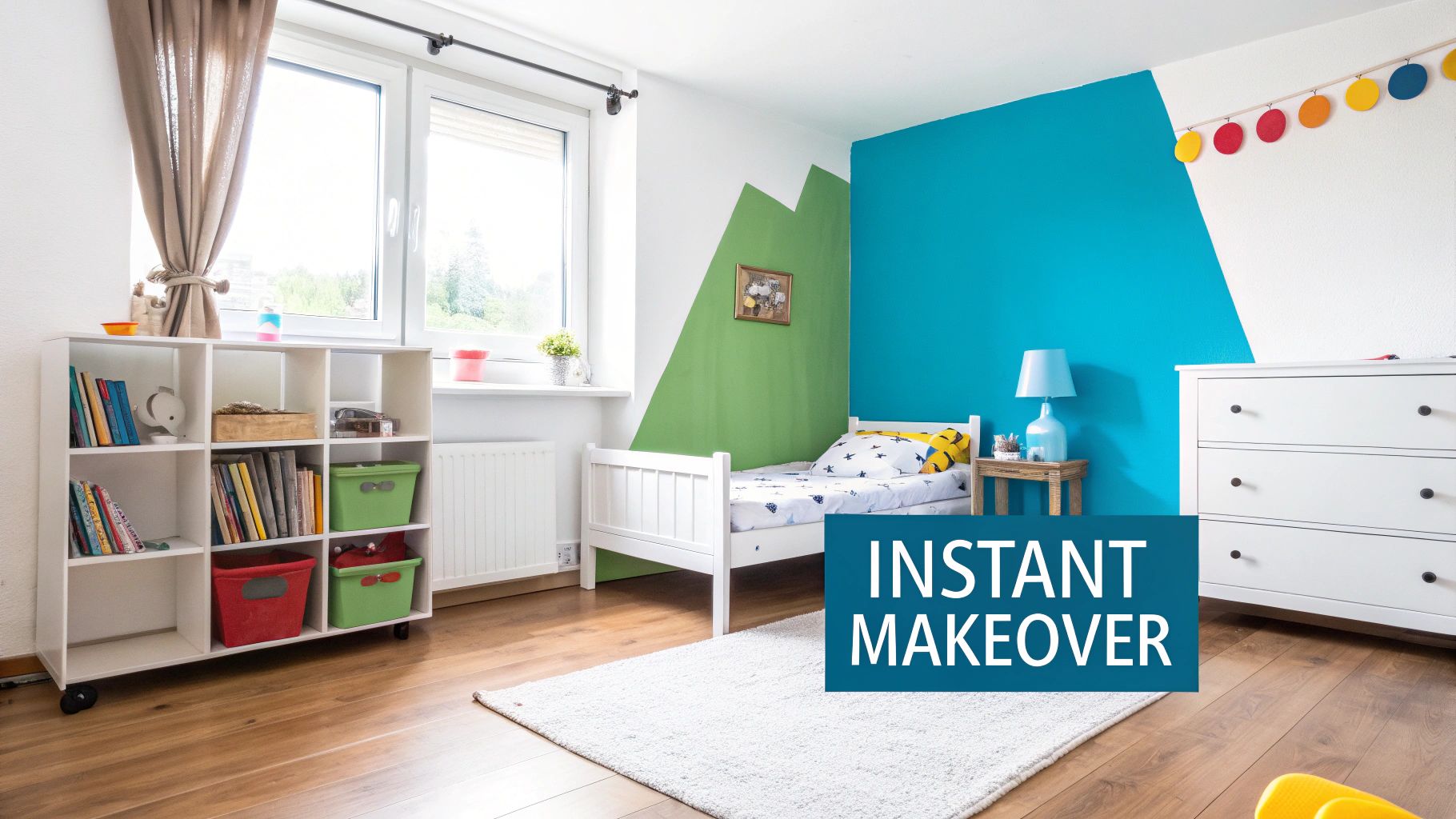 A bright children's bedroom features a white bed, white furniture, colorful walls, and a large window.