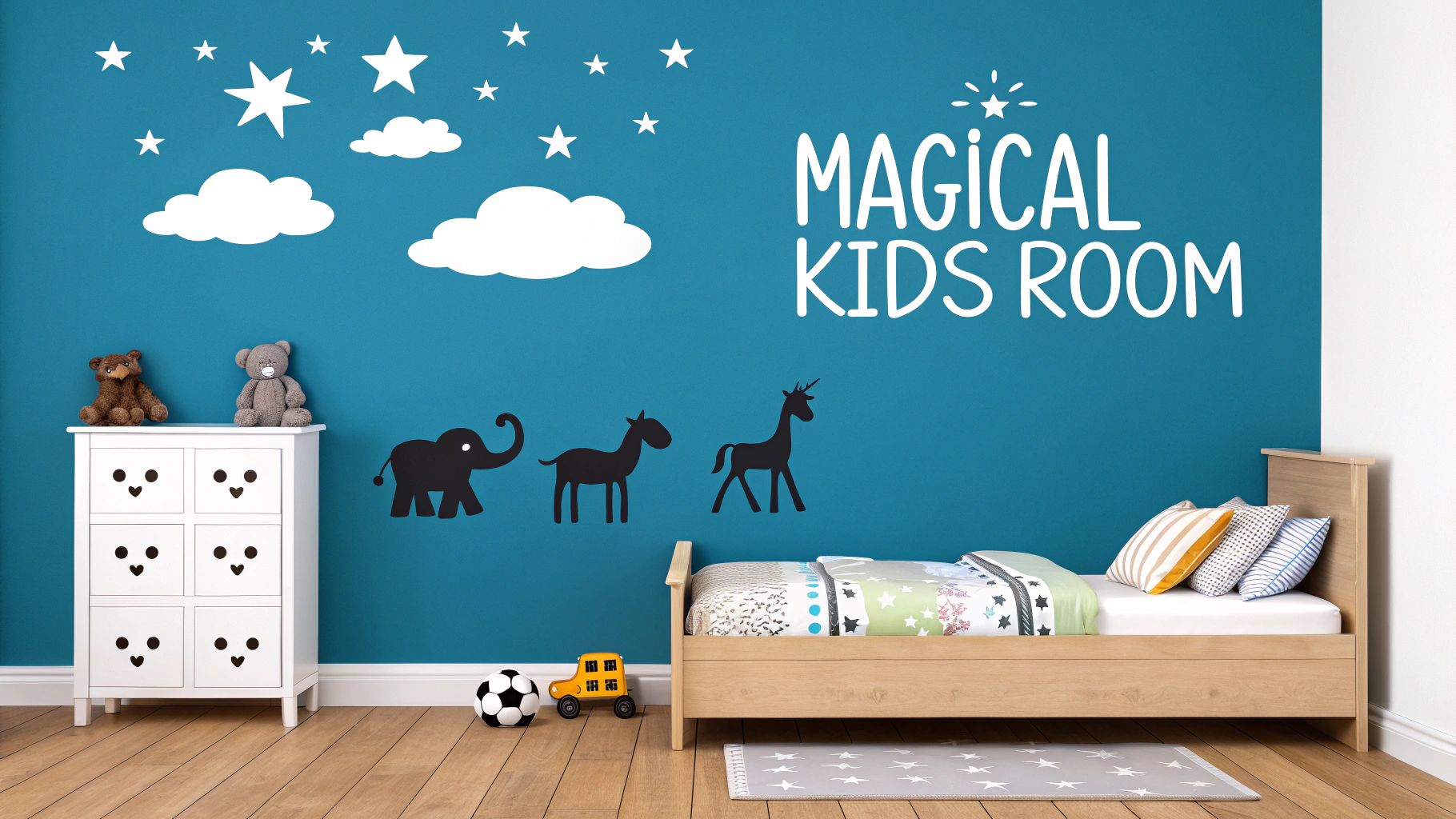 A vibrant children's room featuring blue walls, playful wall decals, a bed, and dresser with toys.