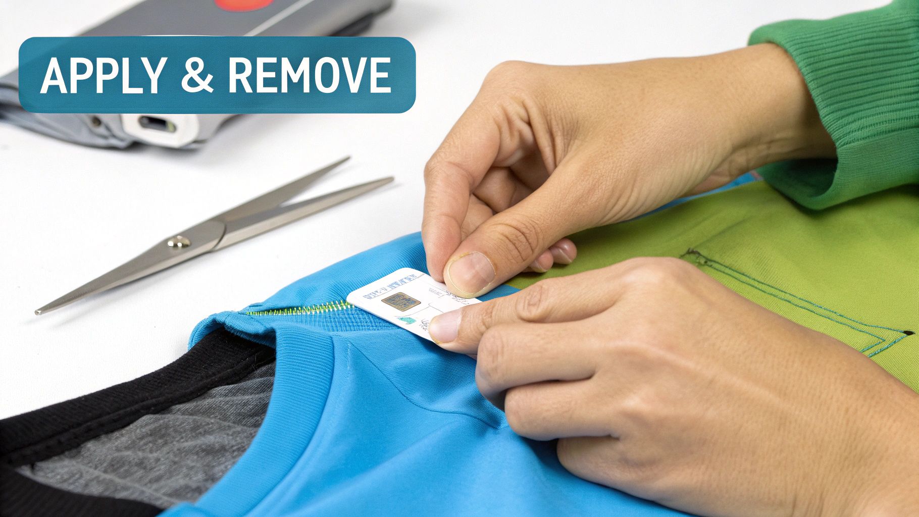 Hands are shown applying a small white tag or sticker onto blue fabric with a green zipper.