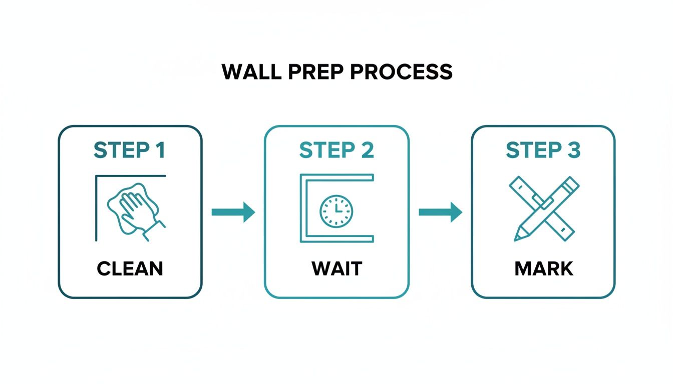 Three-step wall preparation process: clean, wait, and mark, illustrated with icons and arrows.