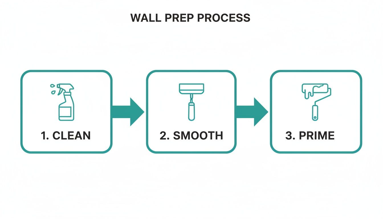 A three-step wall preparation process: clean with a spray bottle, smooth with a scraper, and prime with a paint roller.