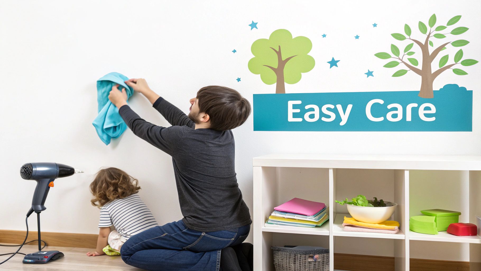 A man cleans a white wall adorned with green tree and blue star stickers, while a child sits nearby.