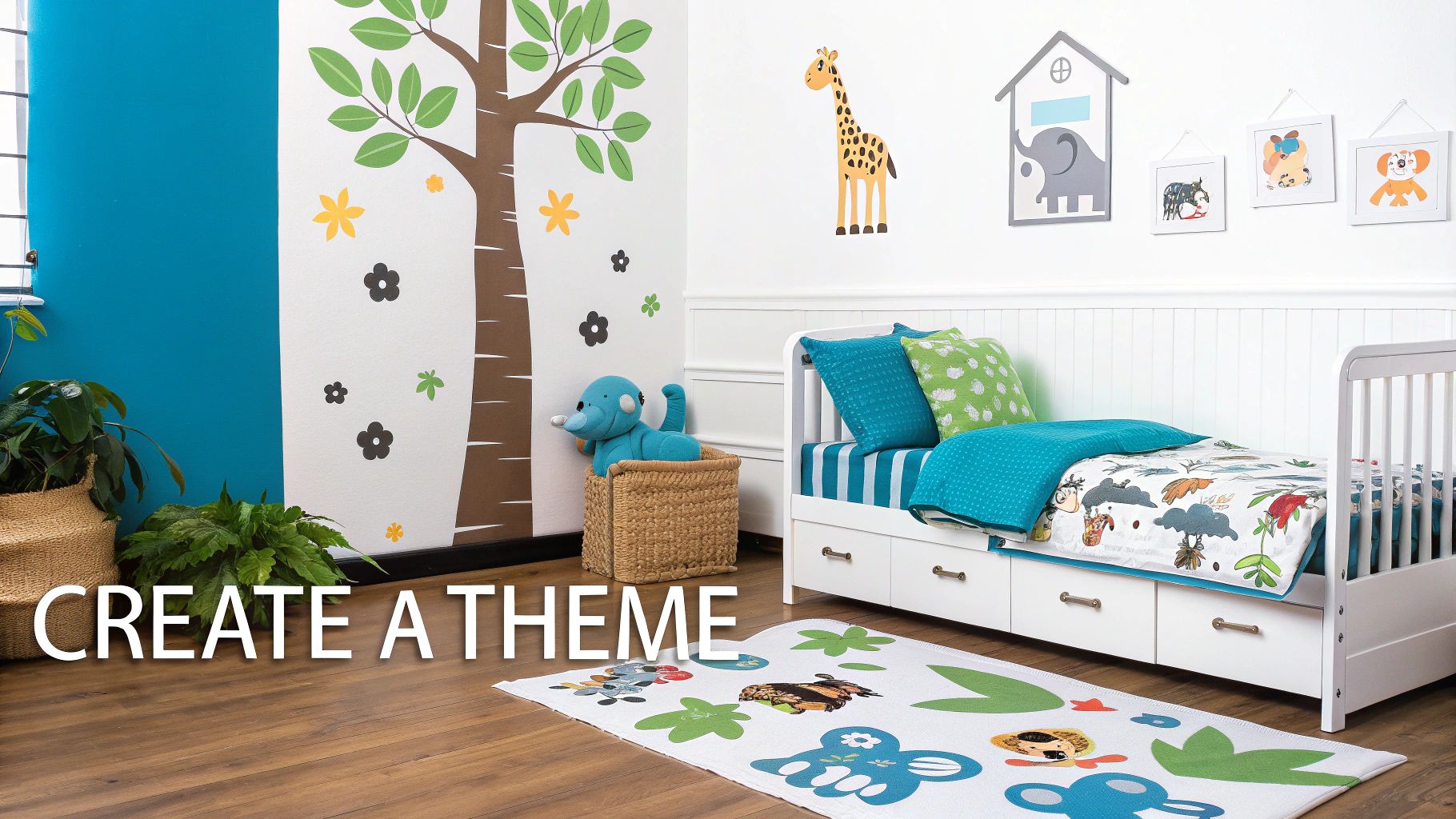 A child's room with a beautiful feature wall decorated with floral decals behind the bed.