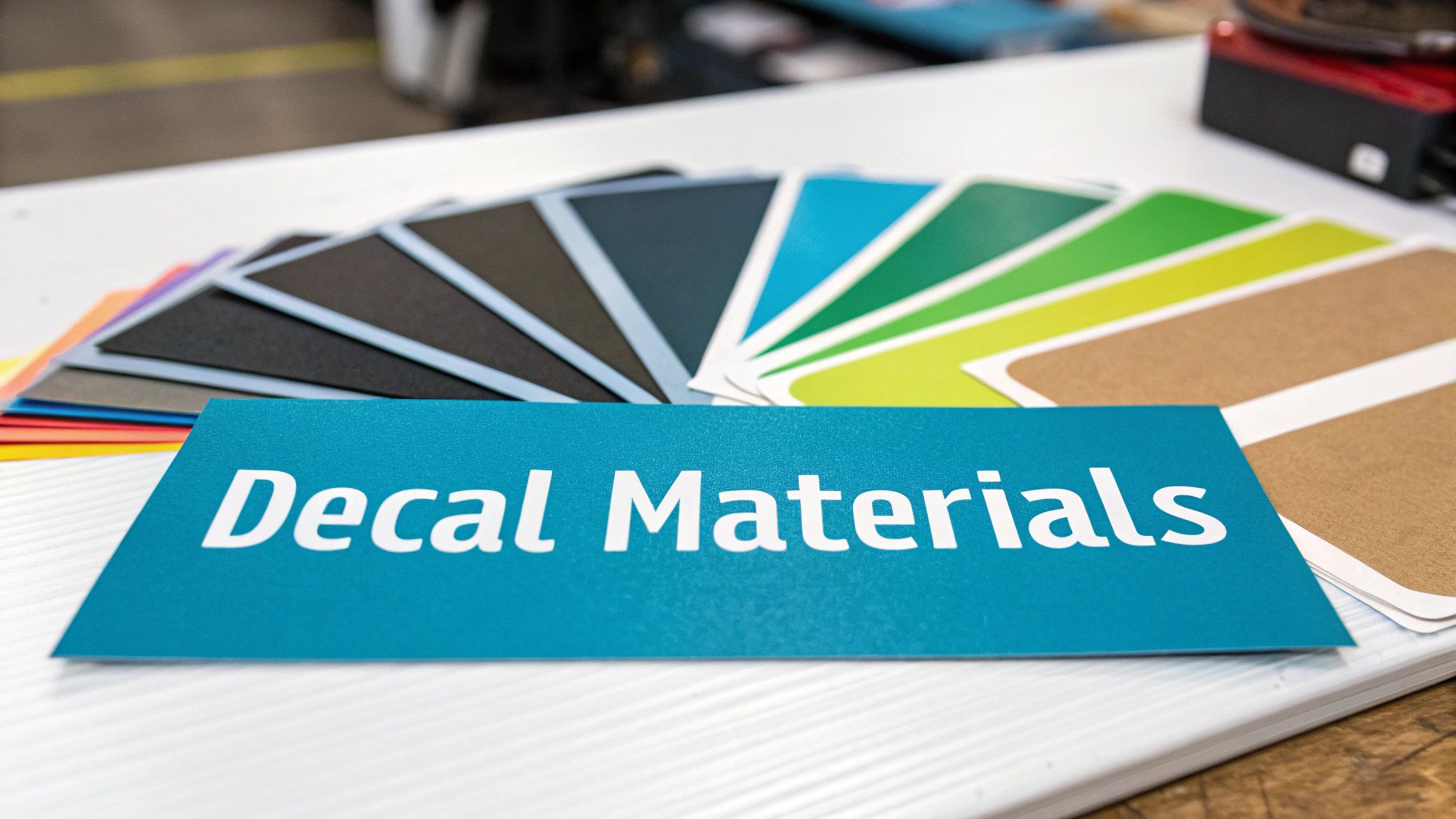 A fan of colorful decal material samples and a teal card labeled 'Decal Materials' on a white surface.
