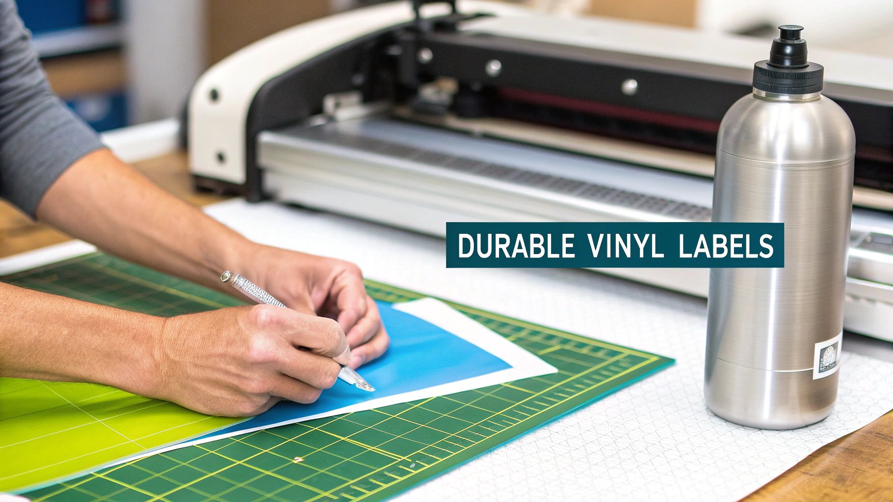Hands cutting blue vinyl material on a green mat with a craft knife, near a vinyl cutter and a metal bottle.