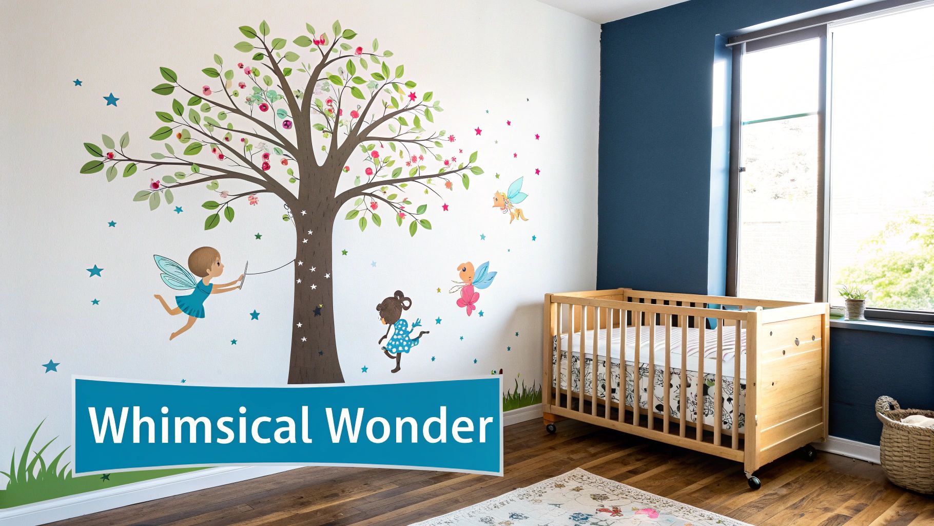 A whimsical nursery room featuring a large tree and fairy wall decal, a wooden crib, and a blue accent wall.
