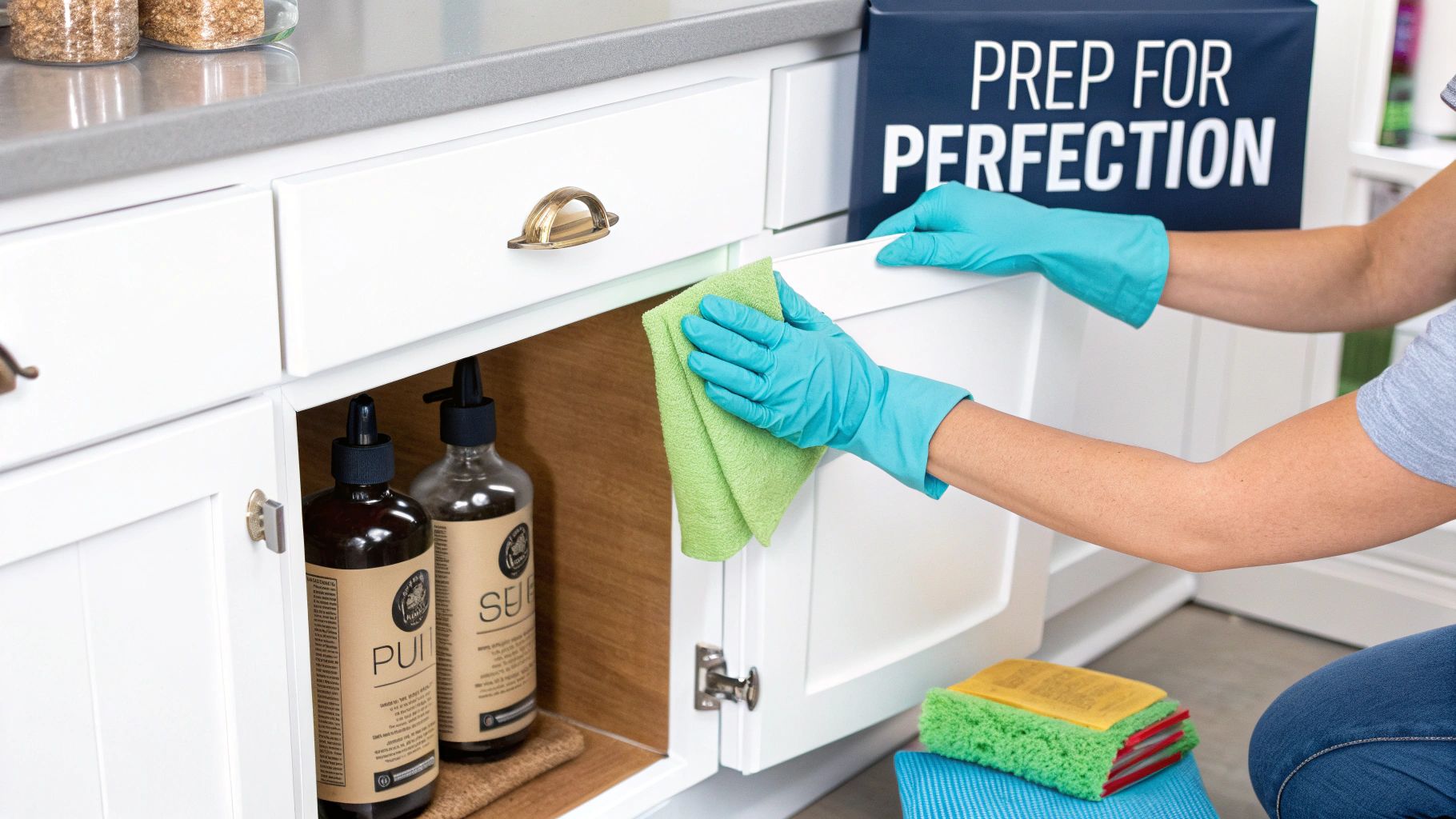 A person meticulously cleaning a white kitchen cabinet door with a cloth before applying vinyl wrap.
