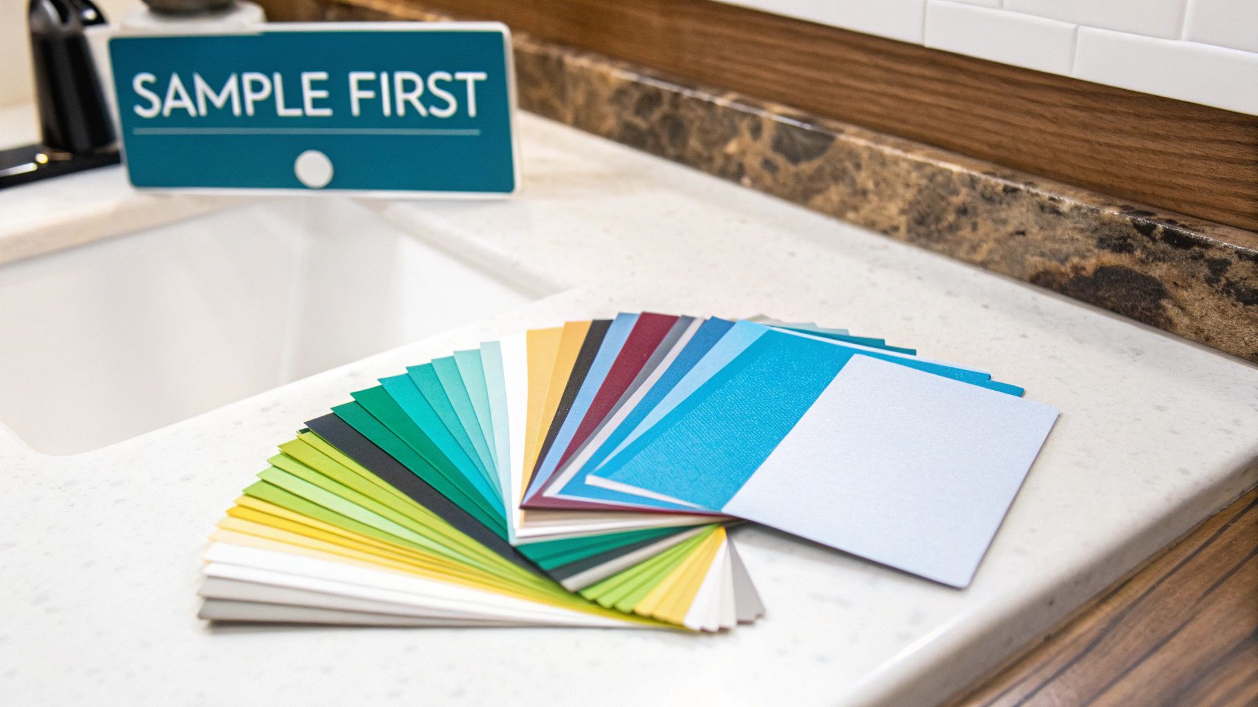 Colorful design samples are fanned out on a white countertop next to a sink, with a 'SAMPLE FIRST' sign.