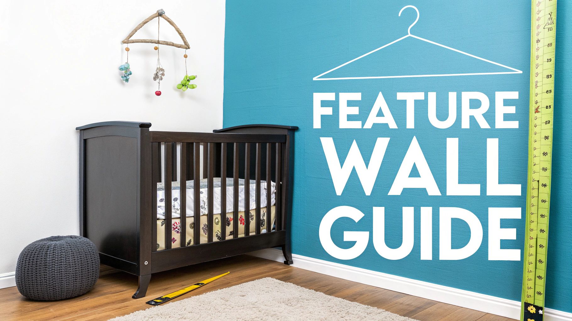 A baby nursery with a dark wood crib, hanging mobile, knitted pouf, and a teal feature wall with "FEATURE WALL GUIDE" text.
