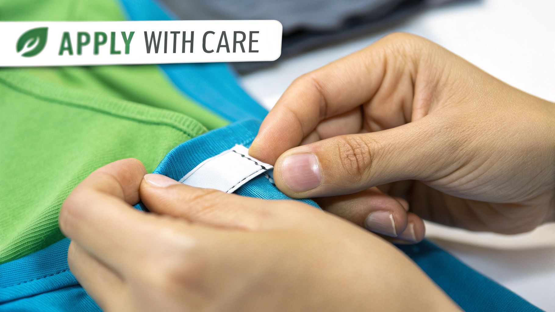 Close-up of hands inspecting a white care label sewn into a blue and green t-shirt collar.