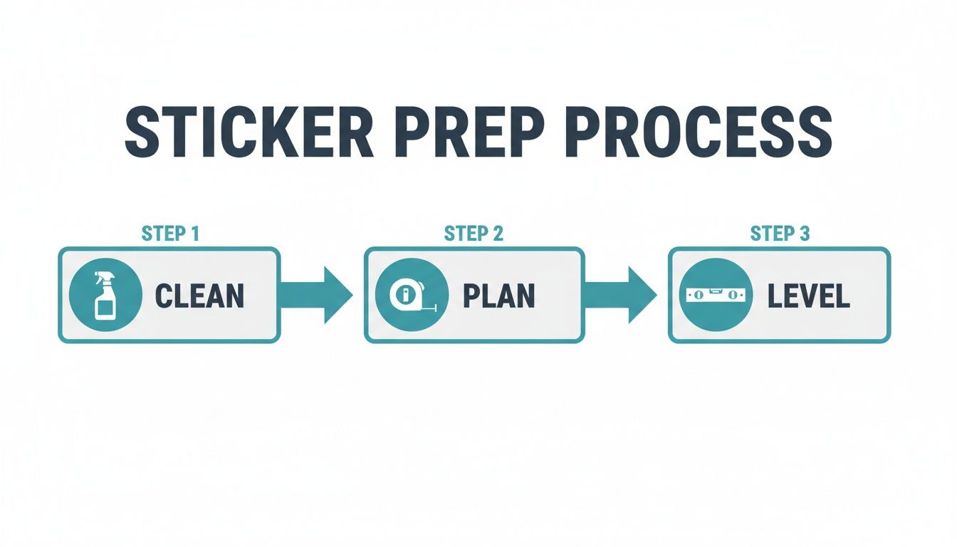 A visual guide illustrating the 3-step sticker preparation process: clean, plan, and level surfaces.