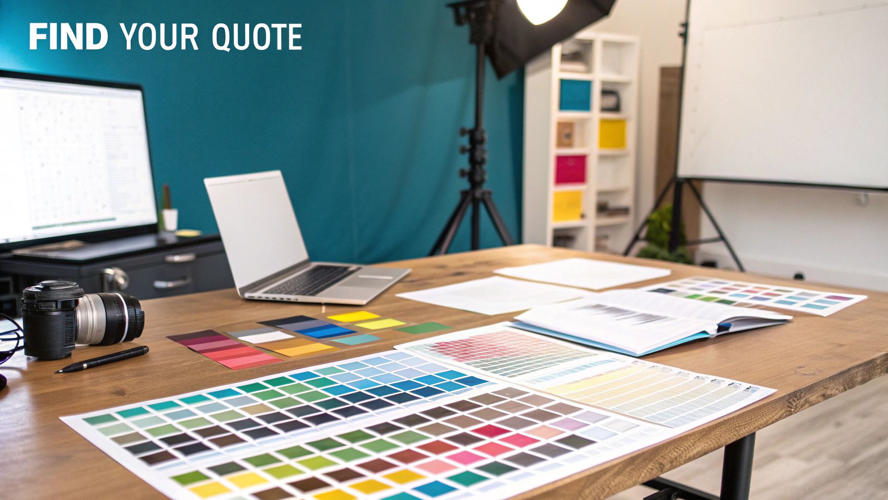 A design studio with color swatches, a laptop, camera, and computer, featuring 'FIND YOUR QUOTE' text.