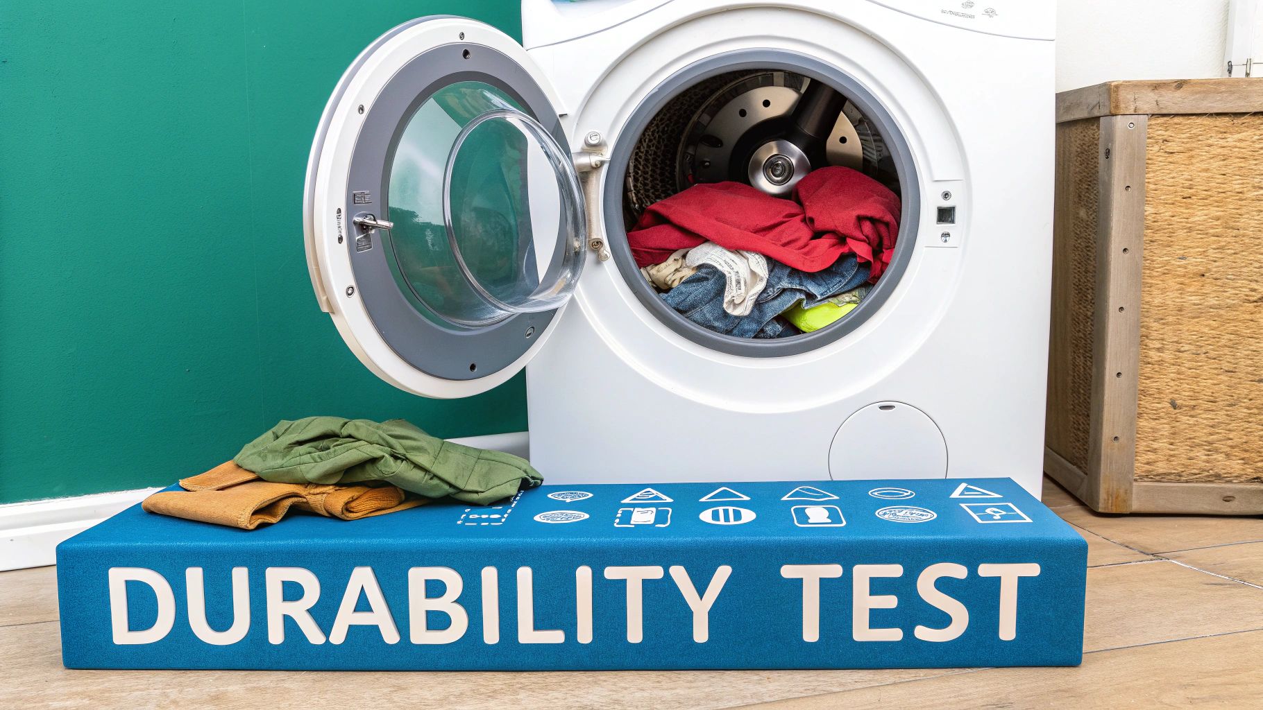 A close-up shot of a washing machine in mid-cycle, with labeled clothing visible through the door.