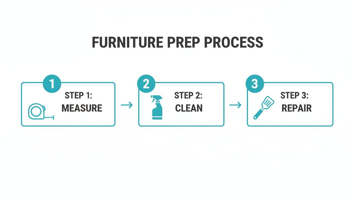 A three-step infographic detailing the furniture preparation process: measure, clean, and repair.