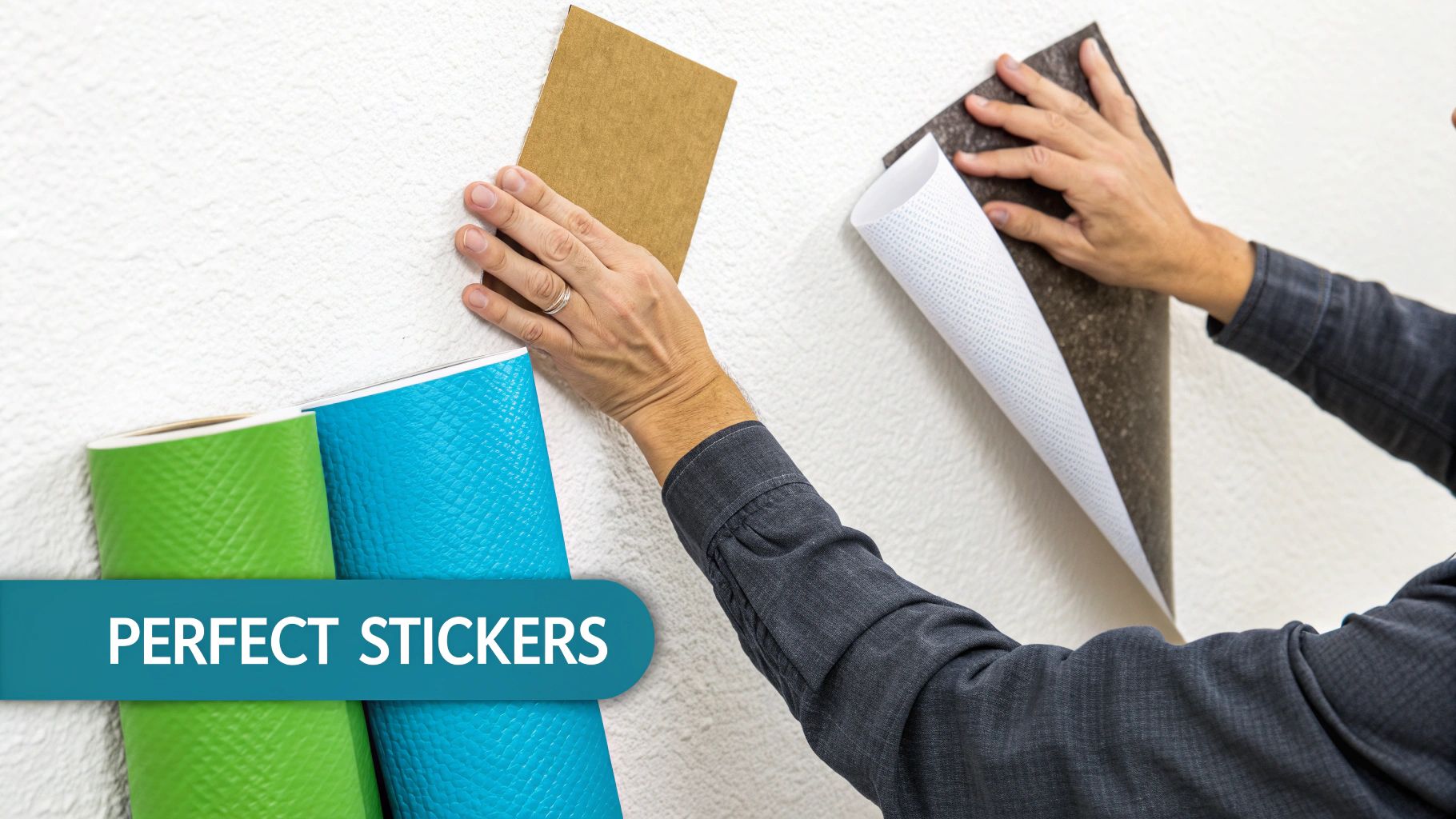Person applying textured wall stickers, smoothing one with cardboard, while rolls of green and blue stickers are nearby.