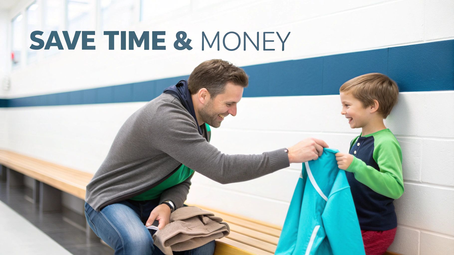 A man gives a blue jacket to a smiling young boy in a changing room.