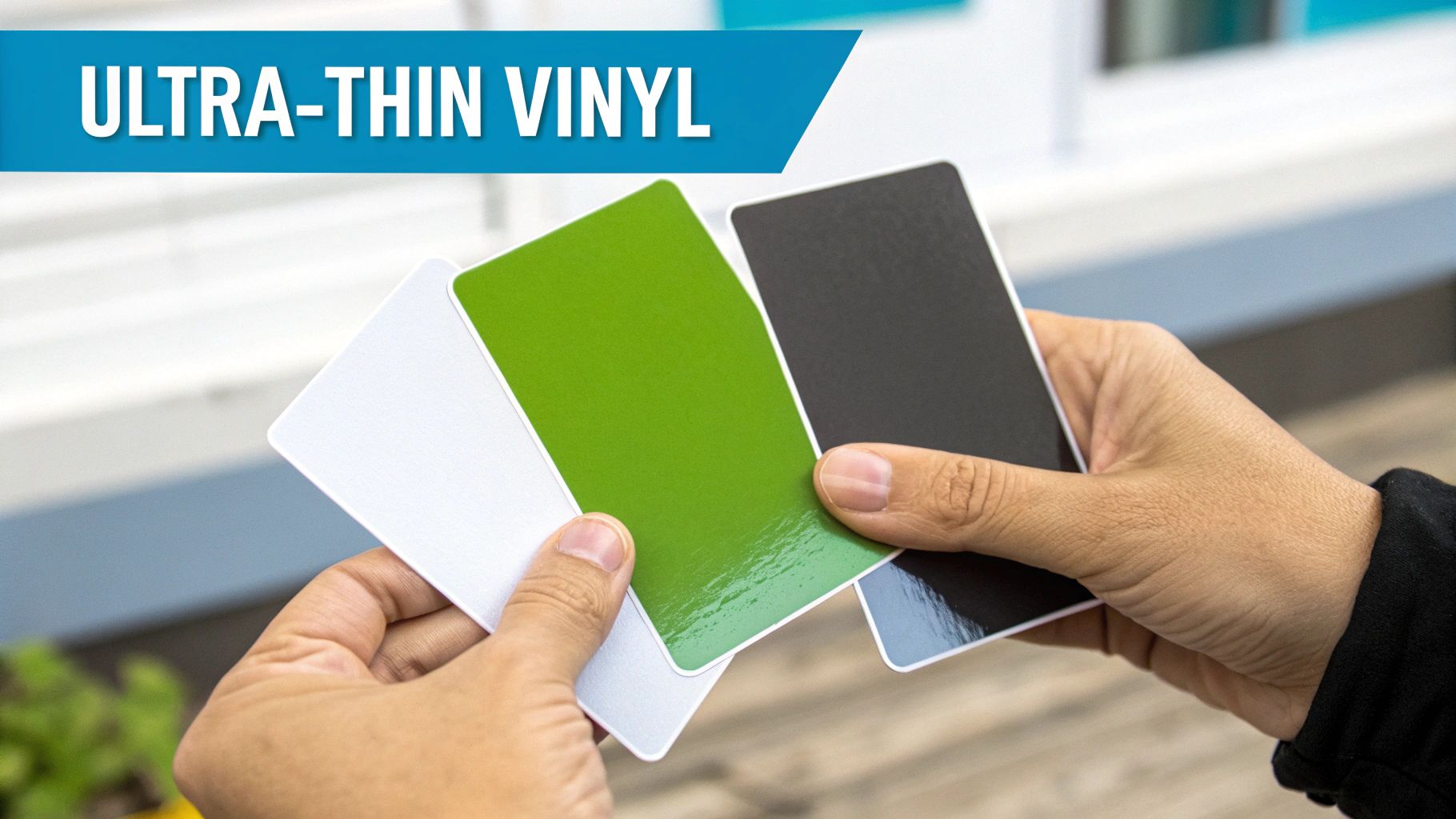 Hands holding ultra-thin vinyl samples in white, green, and black, demonstrating product colors.