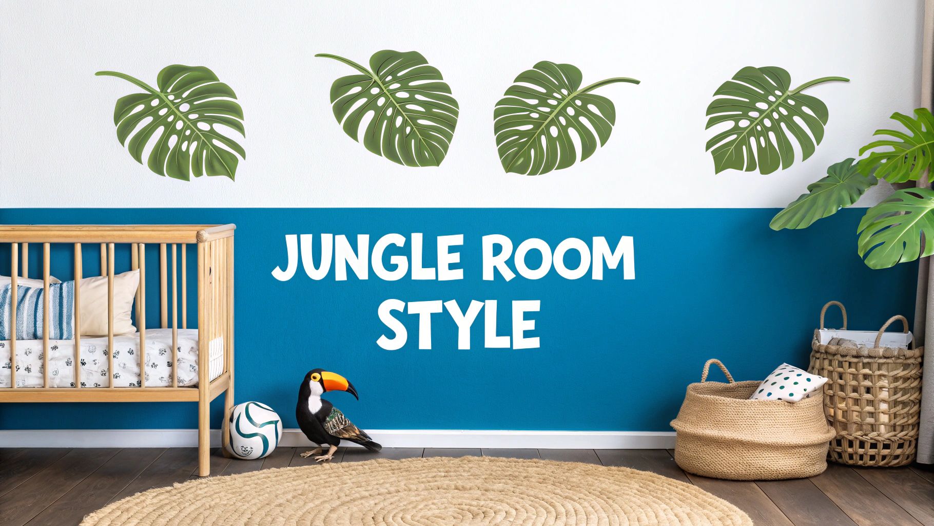 A vibrant jungle-themed baby room with monstera leaf wall stickers, a crib, and woven baskets.