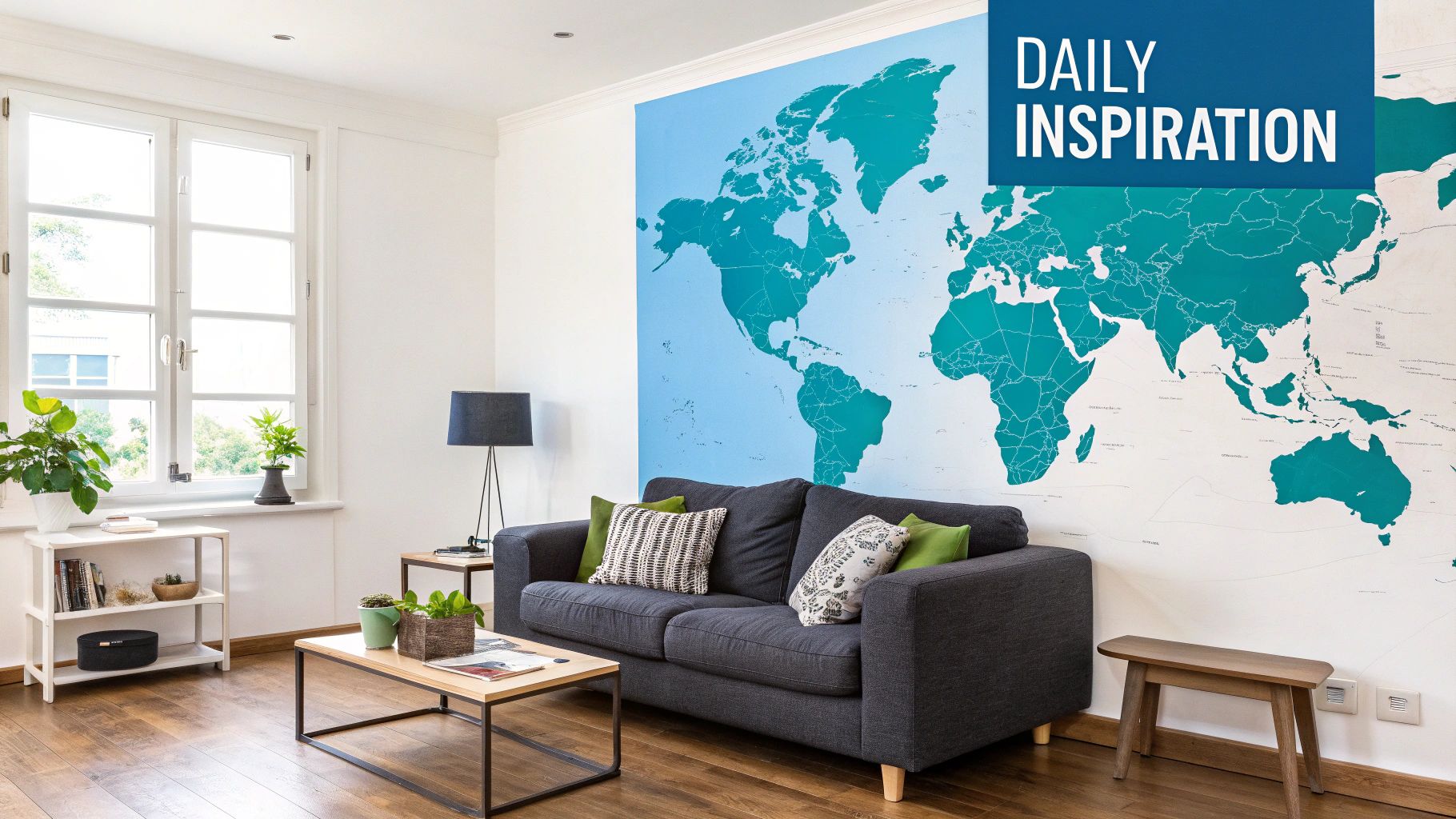 A bright living room features a large blue and white world map wall decal behind a grey sofa.