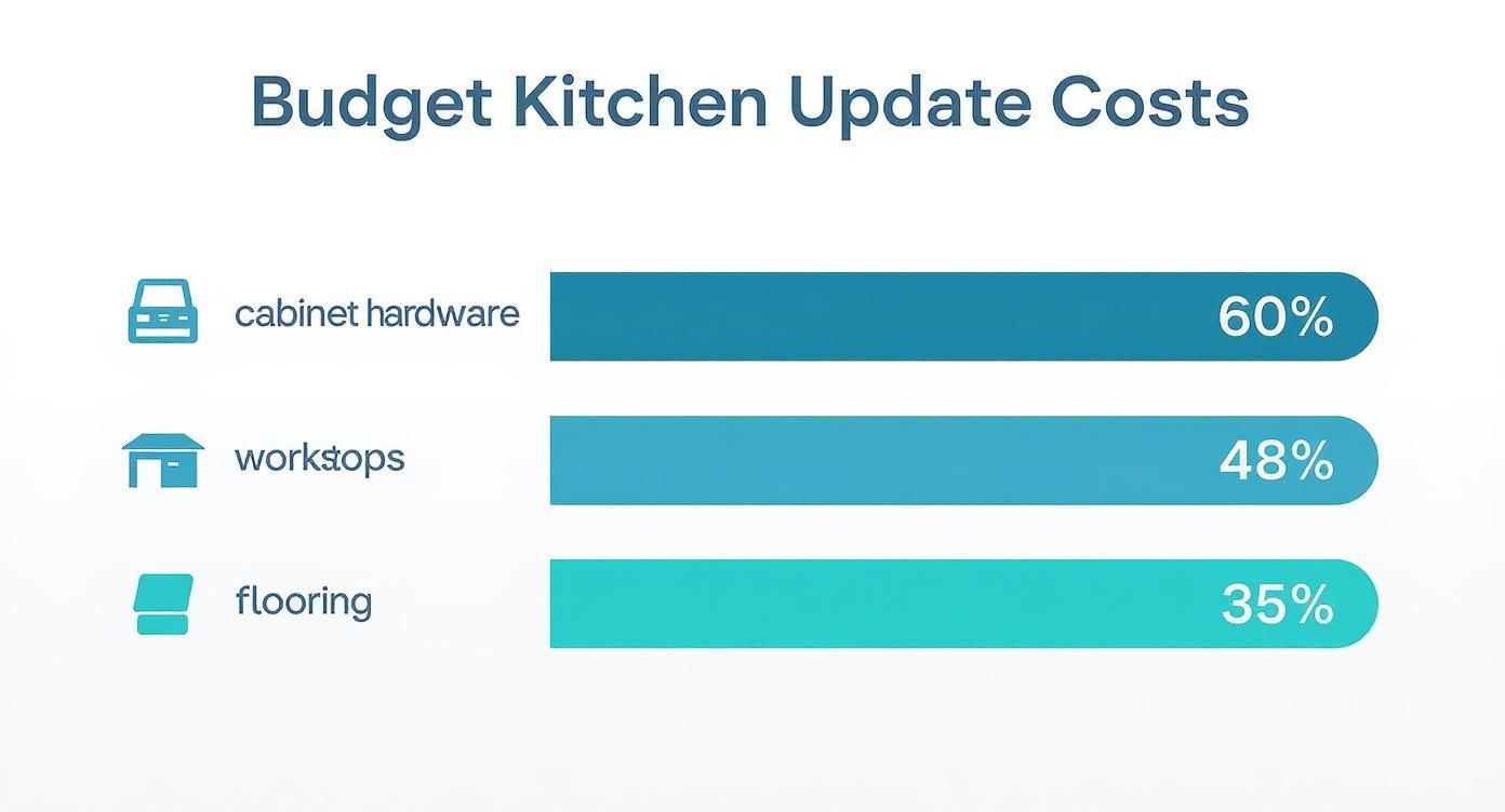 Horizontal bar chart showing budget kitchen update costs with cabinet hardware at 60%, worktops at 48%, and flooring at 35%