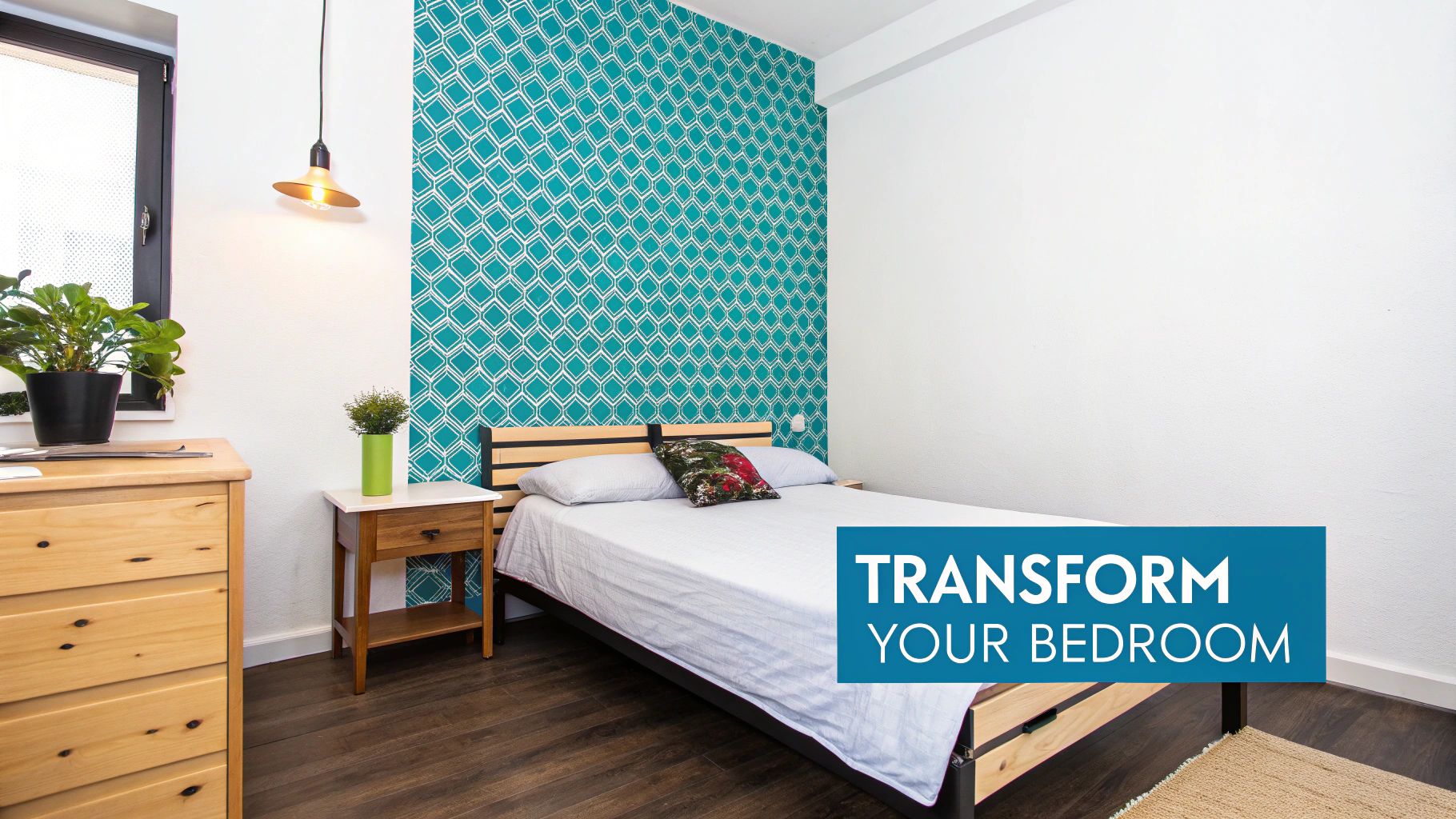 A modern bedroom featuring a prominent teal geometric wallpaper accent wall and a cozy bed.