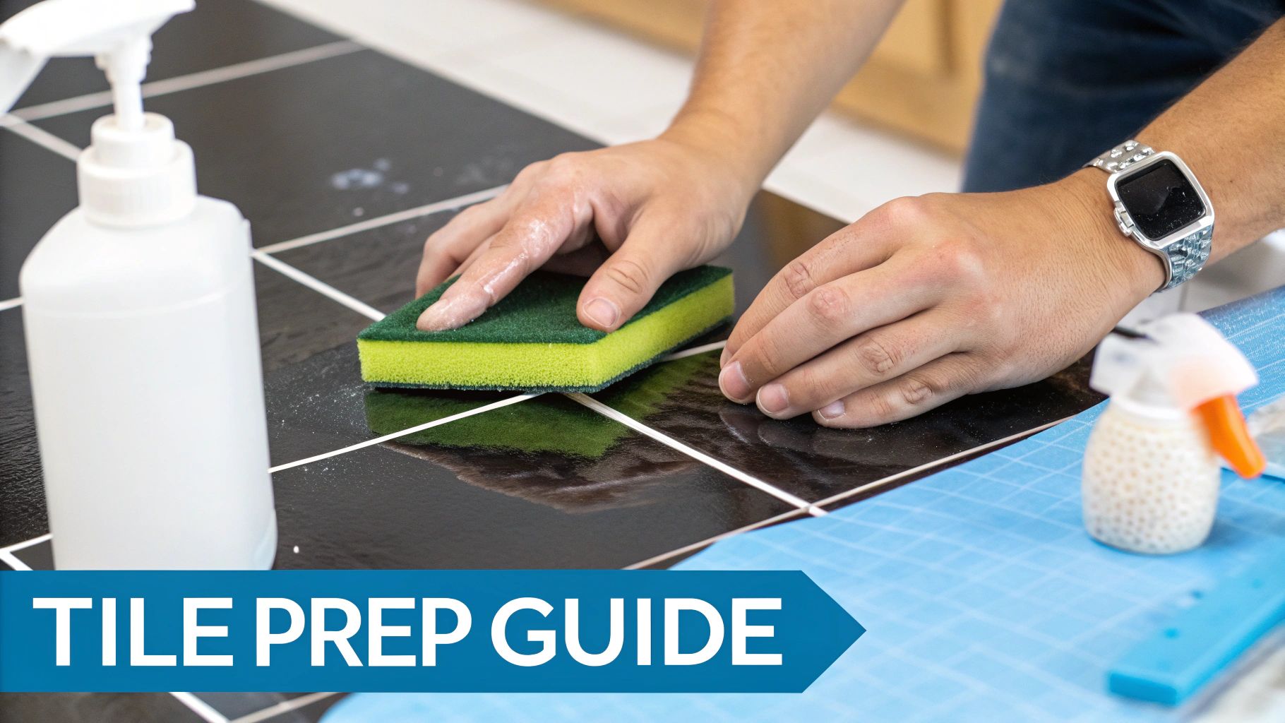 A person's hands scrub black tiles with a green sponge, preparing them for installation or covering.