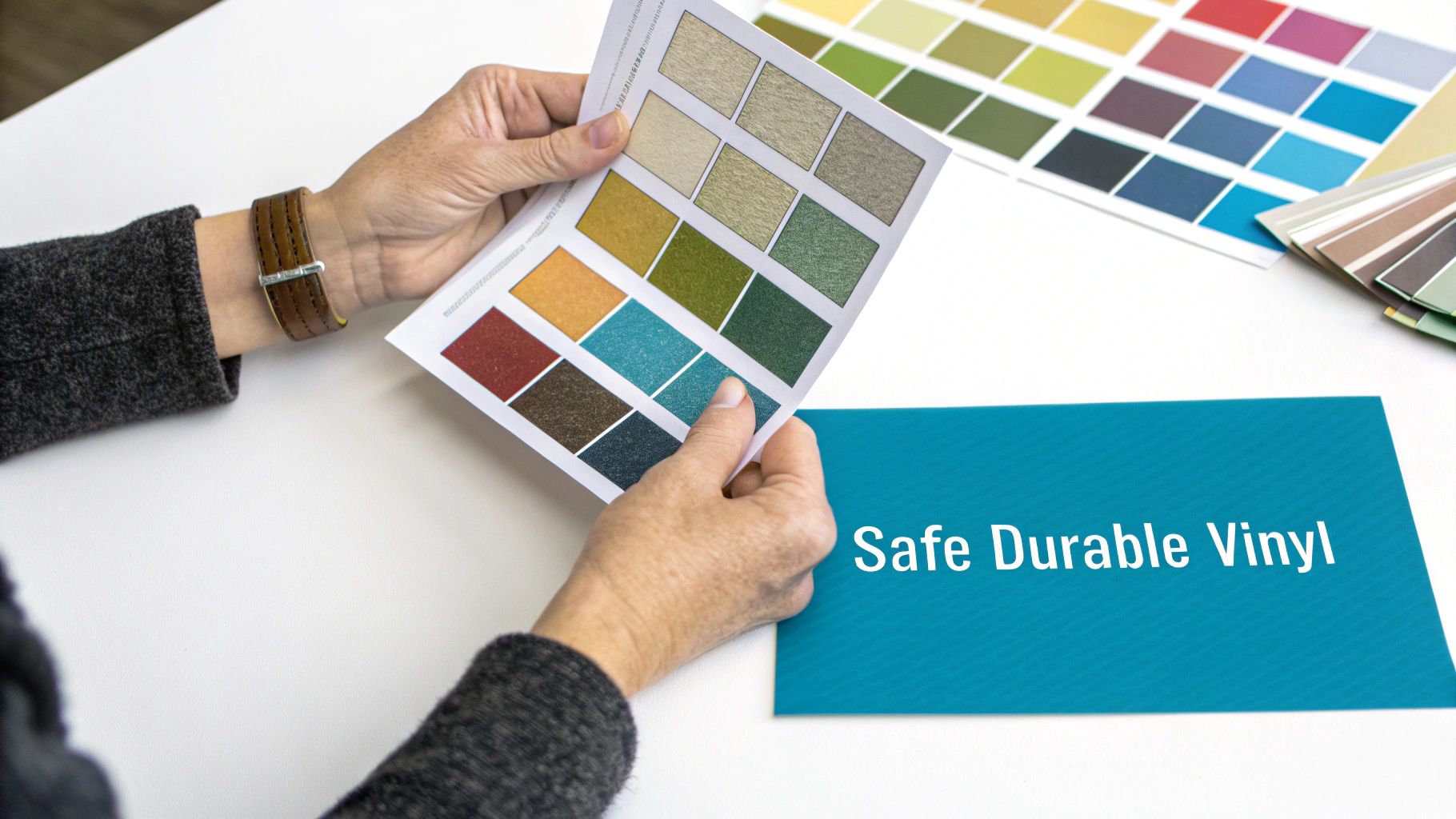 Hands hold various color swatches for vinyl, next to a blue card saying "Safe Durable Vinyl" on a white table.