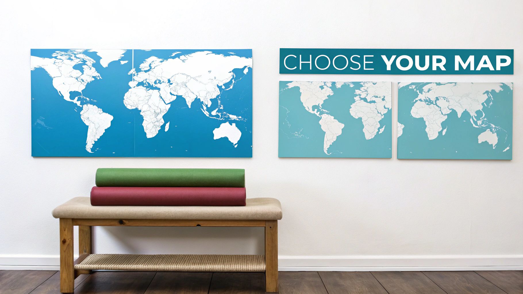 Three world map wall stickers in different shades of blue displayed with a wooden bench.