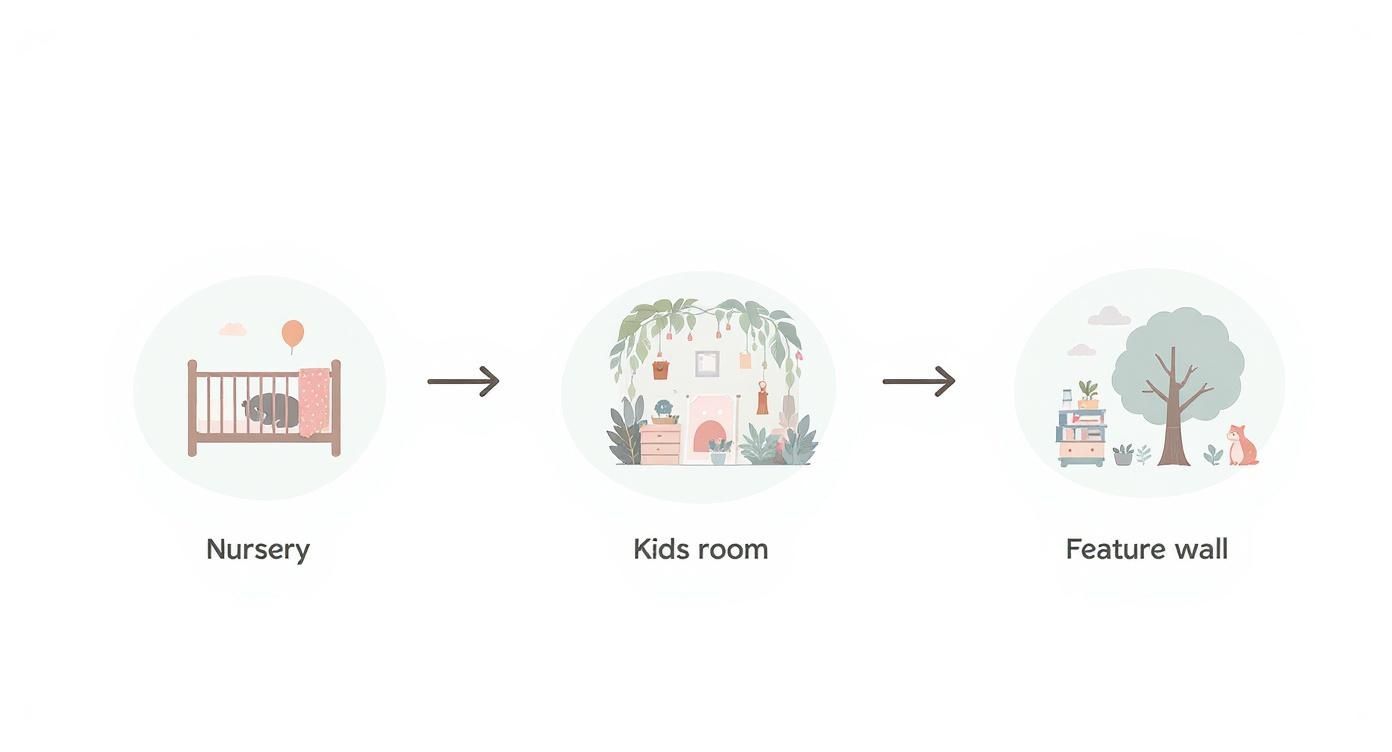 A series of illustrations showing the progression of children's room decor from nursery to kids' room to a feature wall.