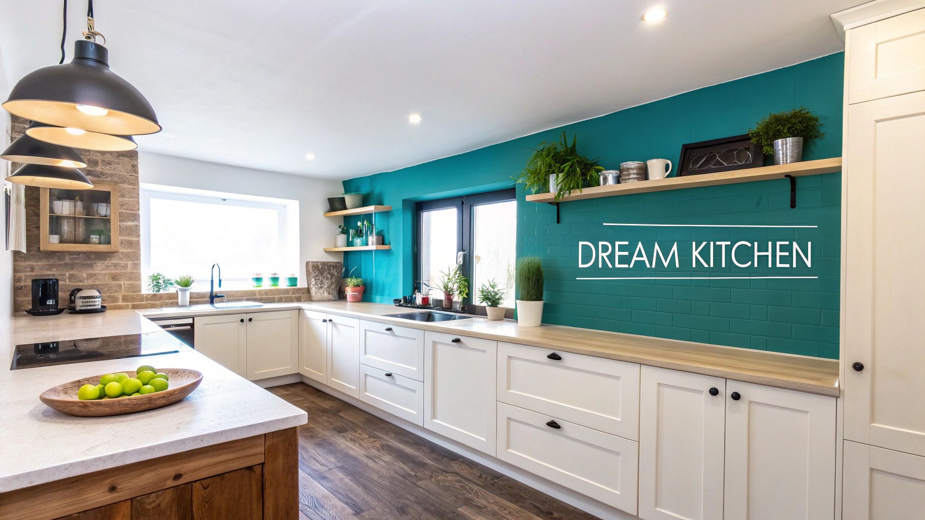 Modern teal and white kitchen with wooden countertops, open shelving, and fresh green plants