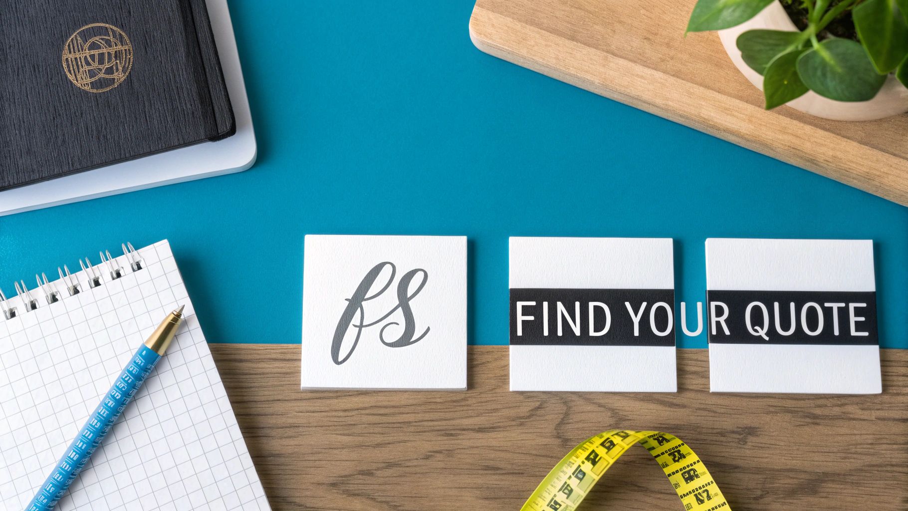 Flat lay desk with 'fs FIND YOUR QUOTE' on white blocks, alongside a notebook, pen, journal, and plant.