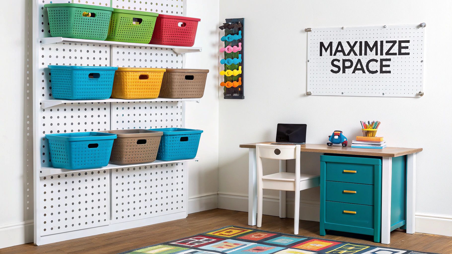 A child's organized bedroom features a desk with colorful storage bins and pegboard shelving.