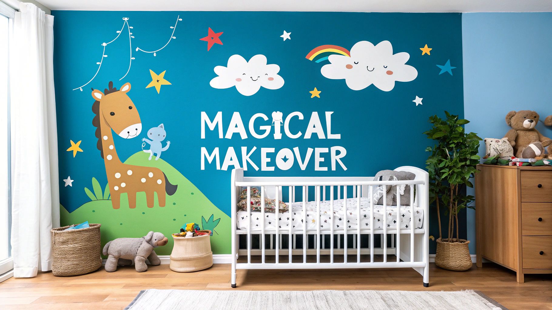 A vibrant child's nursery with a teal wall featuring whimsical giraffe, clouds, stars, and text wall stickers.
